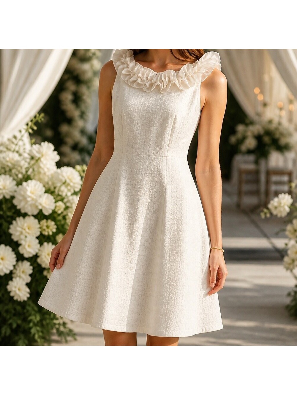NWT Sangria White Textured Eyelet A-Line Cocktail Dress with Ruffle Neck 4024